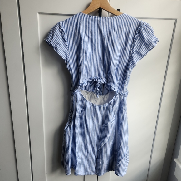 Lulus Seaport Blue White Stripe Tie Front Mini Dress Small - Picture 12 of 12